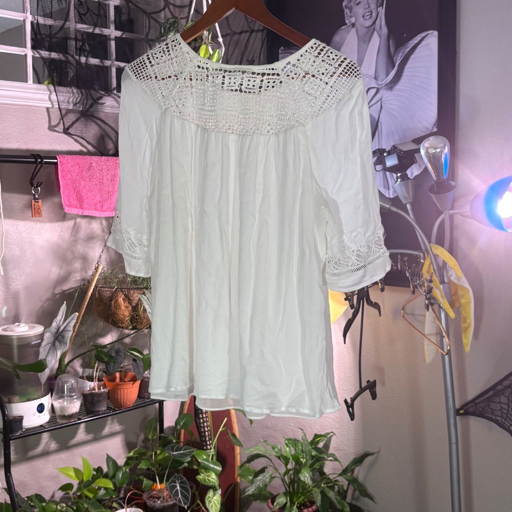 Pale‎ Sky White Eyelet Crochet Boho Tunic Top Blouse XL